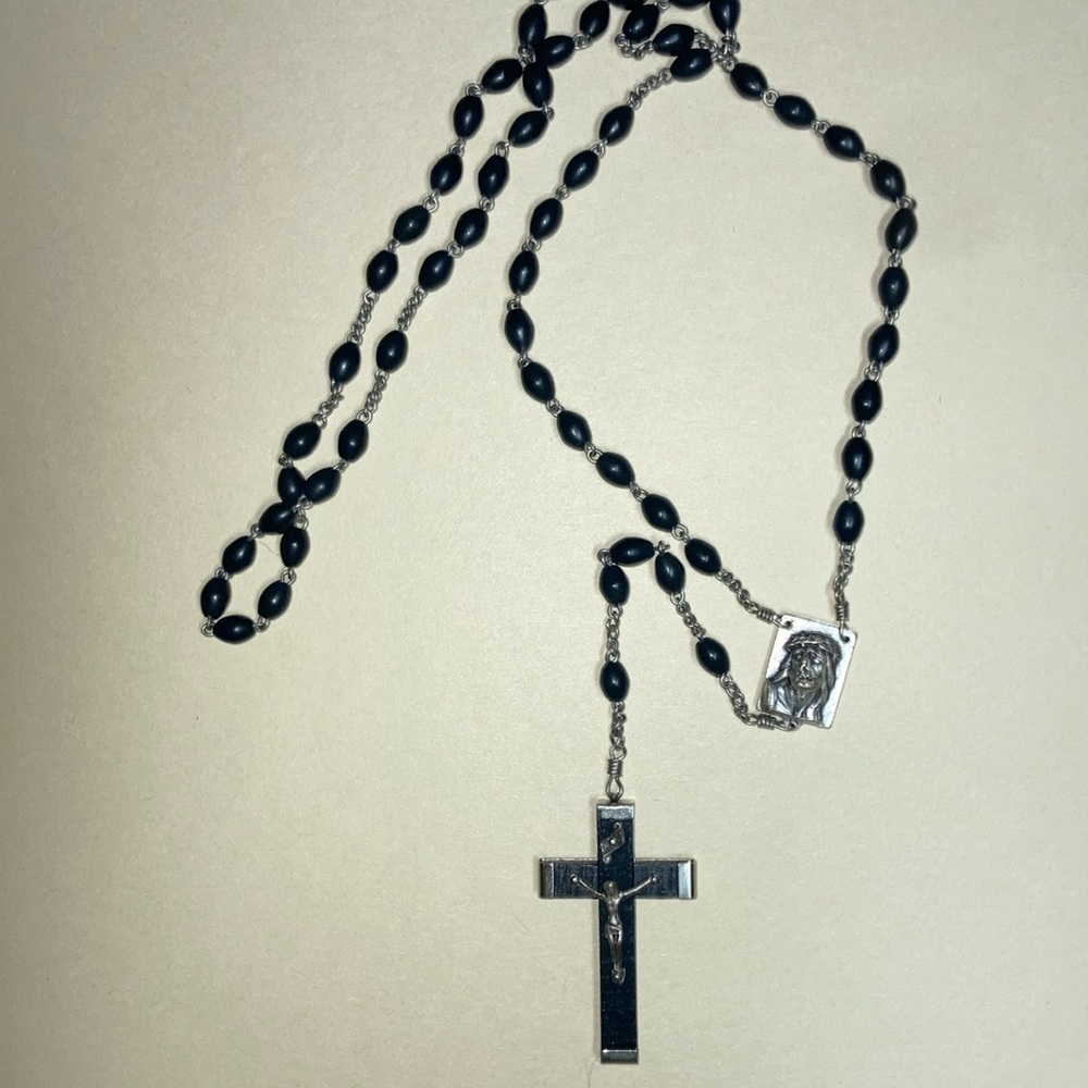 Vintage Black and Silver Rosary Necklace made in Italy